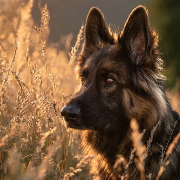 Schäferhund blickt durch hohen Weizen nach vorne